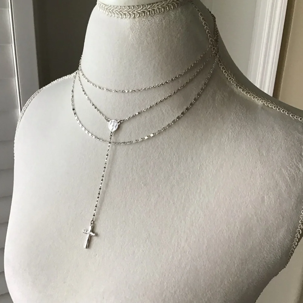 Cross Necklace Delicate 3-Chain Silver-Tone Waterfall Rosary Style Boho Feminine